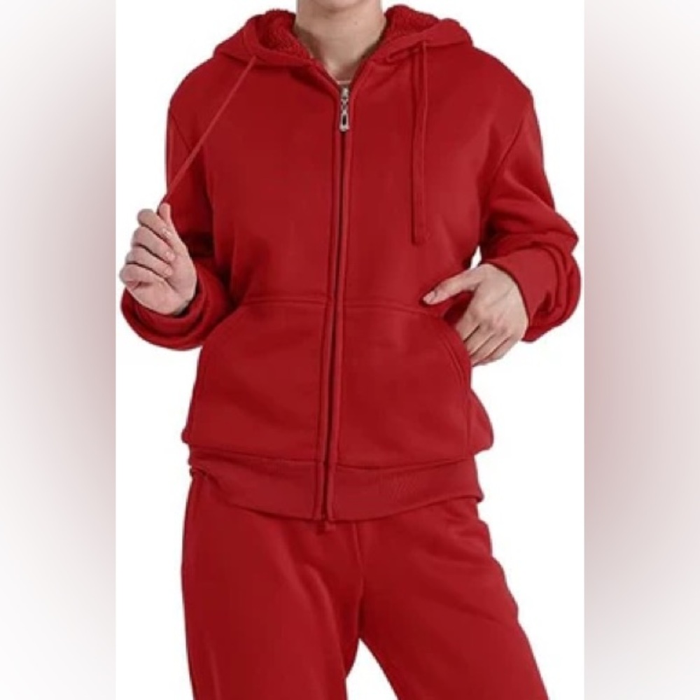 0836.  Vibrant Wine Hoodie and Jogger Sherpa Set - Picture 2 of 3